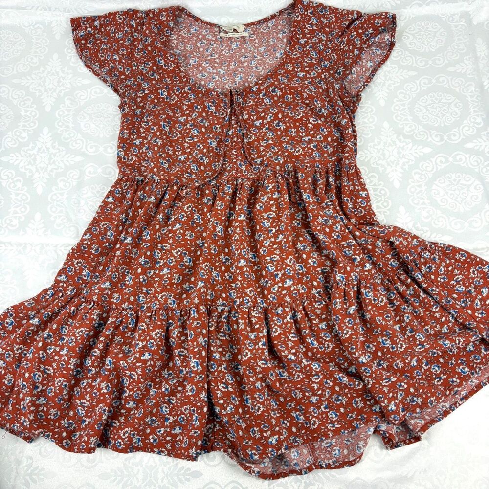 Urban Outfitters Babydoll Dress Floral Orange Mini Tiered Fall Cottagecore S